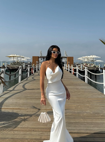 White Sheath Halter Satin Backless Long Prom Dress Party Dress DP8209