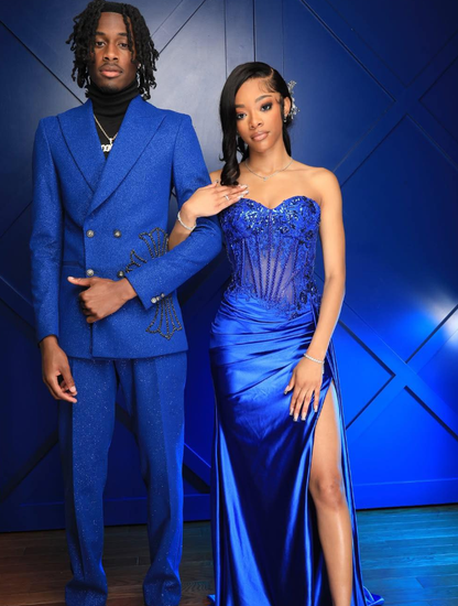 Royal Blue High Slit Sheath Strapless Corset Beaded Satin Long Prom Dress DP5056