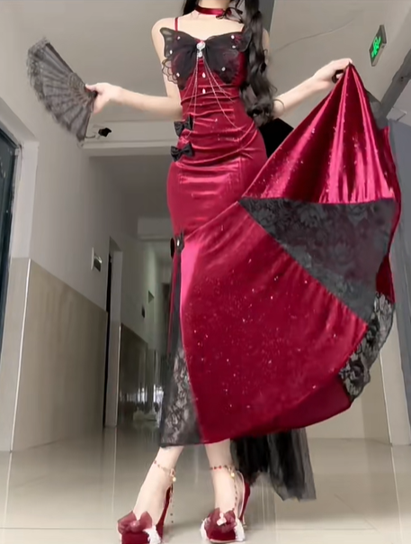 Sexy Burgundy Mermaid Straps Bow Lace Velvet Prom Dress Graduation Ball Gown DP4563