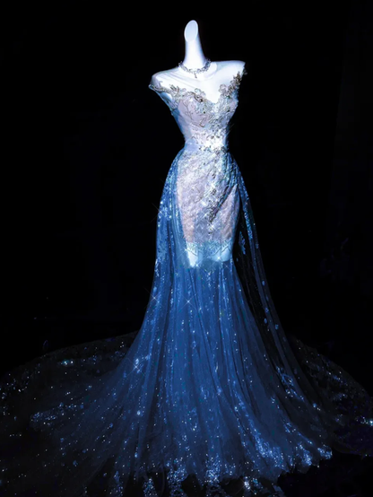 Dreamy Mermaid V Neck Blue Beaded Tulle Long Prom Dress Evening Dress DP2732