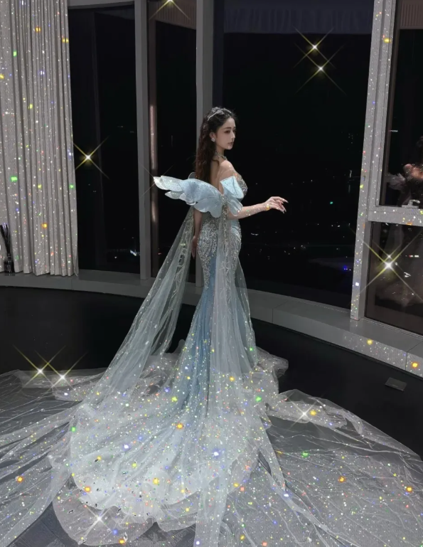 Elegant Blue Mermaid Strap Exquisite Beaded Tulle Prom Dress Evening Dress DP6624