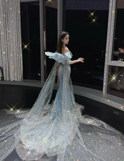 Elegant Blue Mermaid Strap Exquisite Beaded Tulle Prom Dress Evening Dress DP6624
