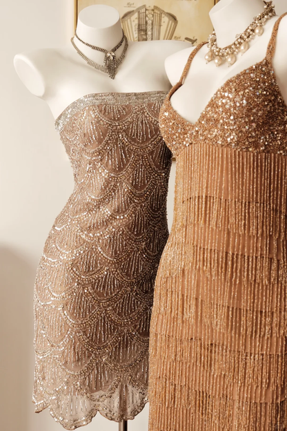 Vintage Brown Layered Beading Sequin Short Prom Dress Homecoming Dress DP5447