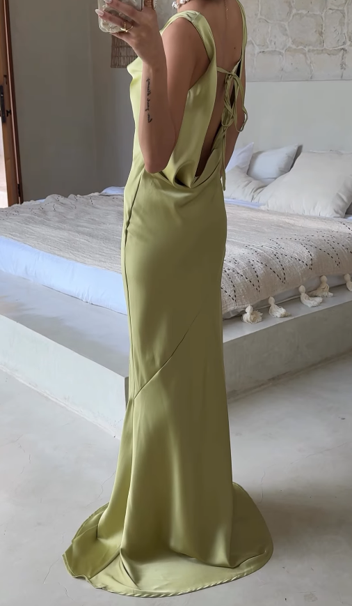 Elegant Simple Sheath Straps Green Satin Open Back Long Graduation Prom Dress DP4879