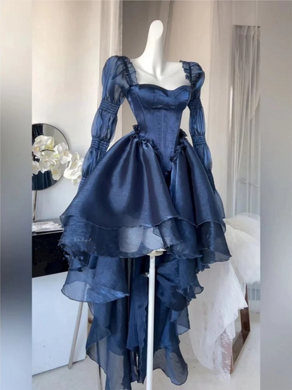 Vintage Navy Blue Ruffle Casual Fashion Party Prom Dress DP108