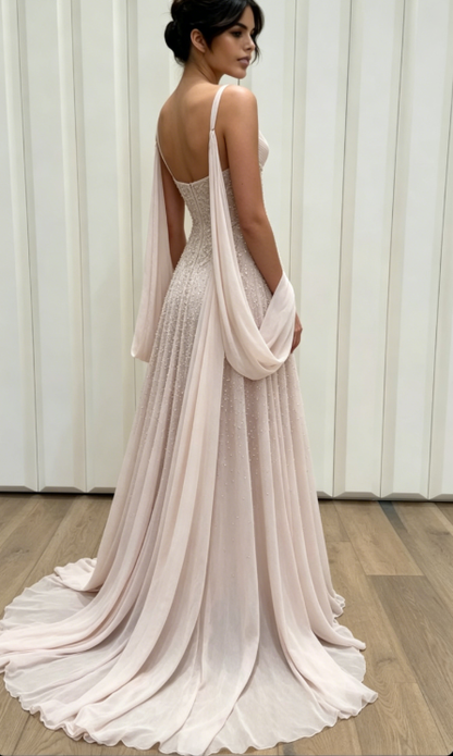 Stunning Light Pink A Line Straps Beaded Slit Chiffon Prom Dress Graduation Prom Dress DP5181
