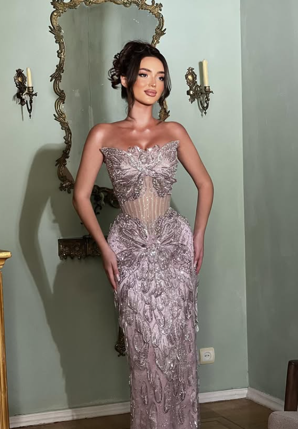 Dazzling Sheath Strapless Purple Butterfly Beaded Sequin Long Prom Dress Evening Dress DP6066