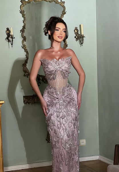 Dazzling Sheath Strapless Purple Butterfly Beaded Sequin Long Prom Dress Evening Dress DP6066