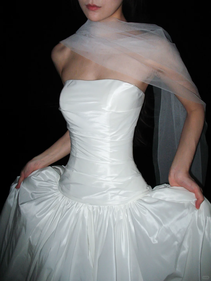 Pretty White Ball Gown Strapless Pleated Satin Long Train Wedding Dress DP8096