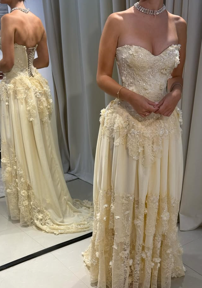 Elegant A Line Sweetheart Neck Beaded Lace Light Yellow Chiffon Dresses DP4178