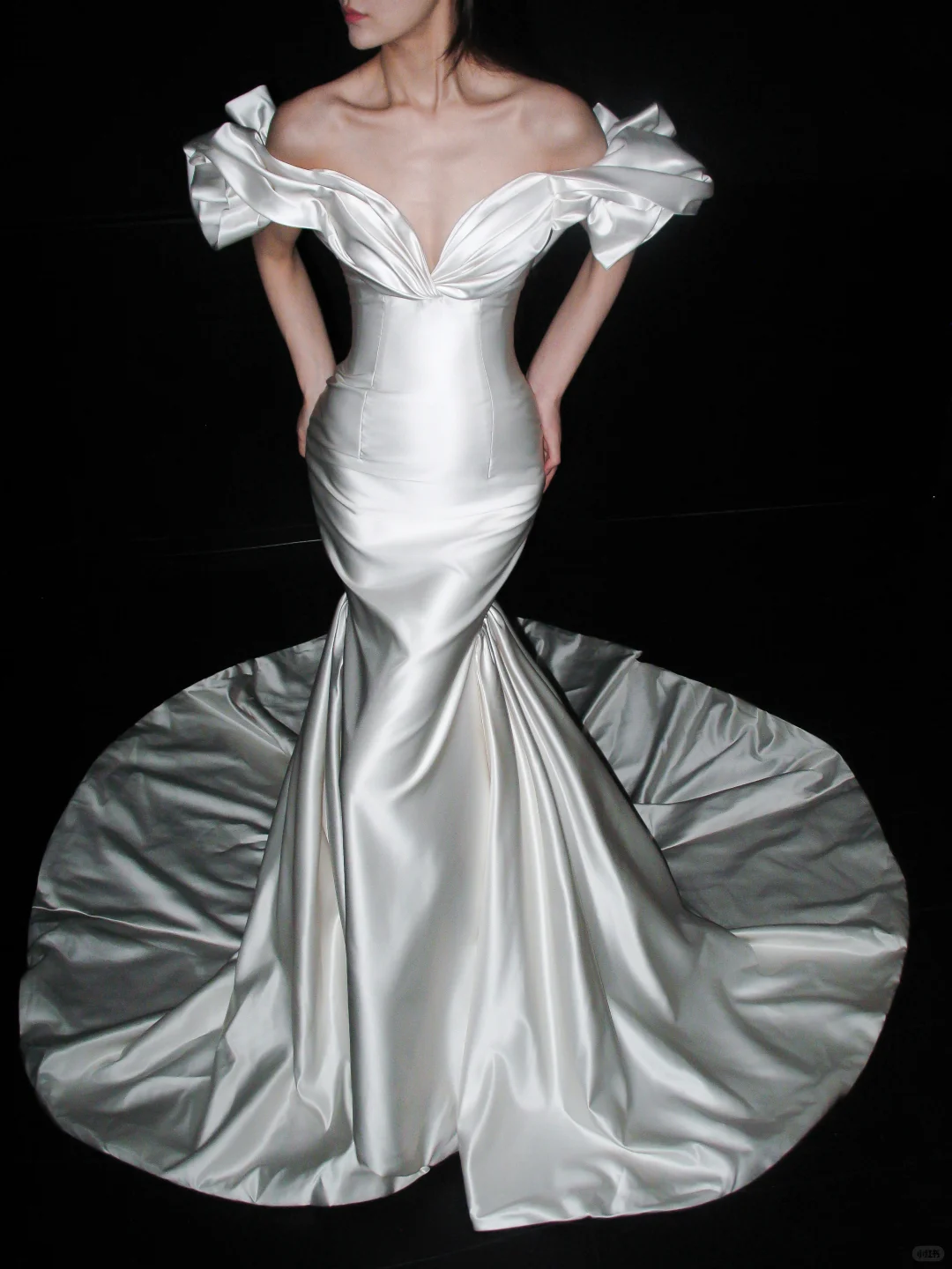 White Mermaid Off the Shoulder Satin Long Train Wedding Dress DP8108