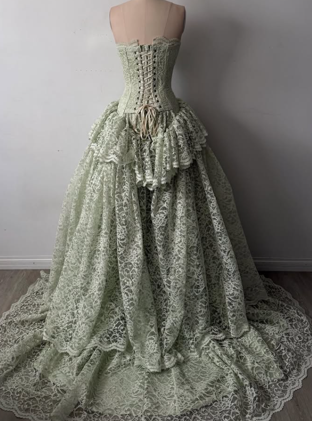 Vintage Light Green A Line Sweetheart Neck Lace Long Prom Dress Evening Dress DP7887