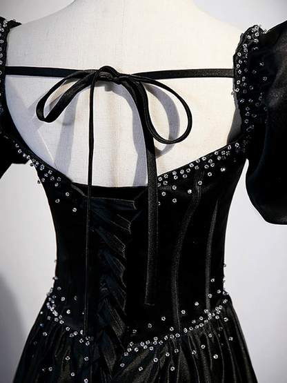 Black Satin Beaded Prom Dress A-Line Evening Dress DP258