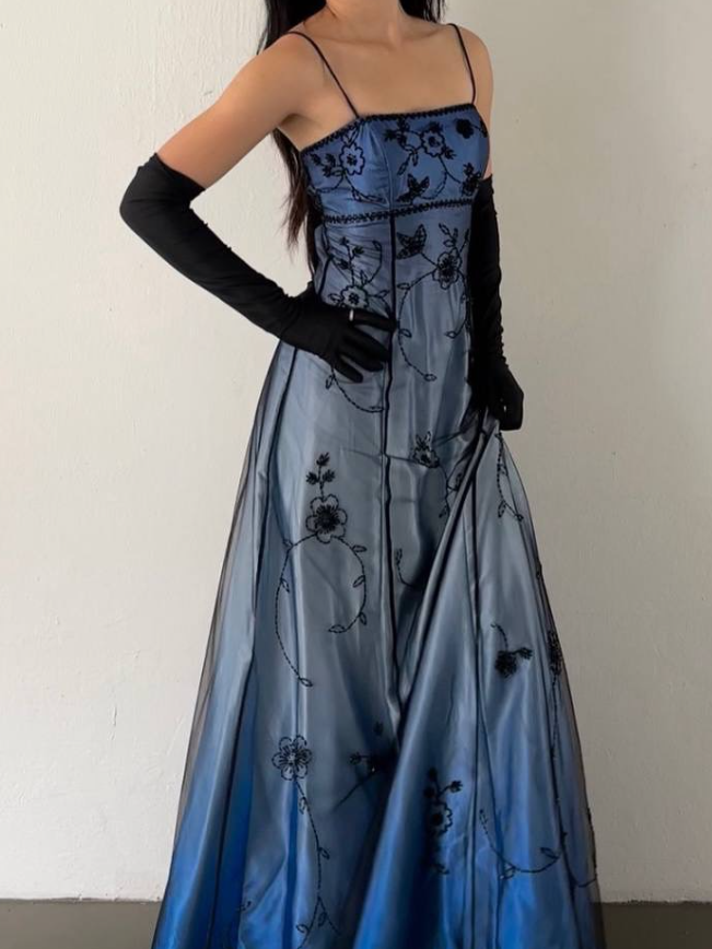 Vintage Blue Ombre A Line Spaghetti Straps Tulle Satin Prom Dress DP4830