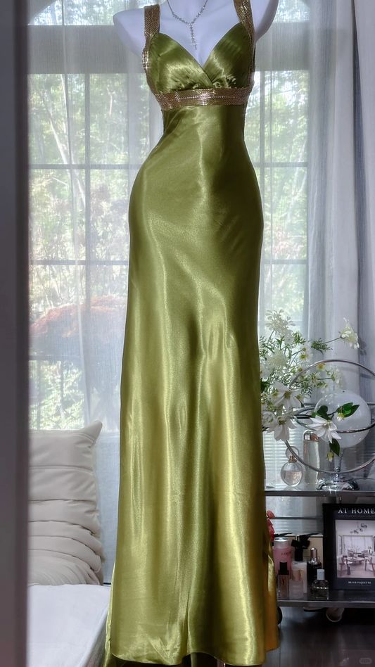 Vintage Sheath Straps Olive Green Beaded Satin Open Back Long Prom Dress DP4717