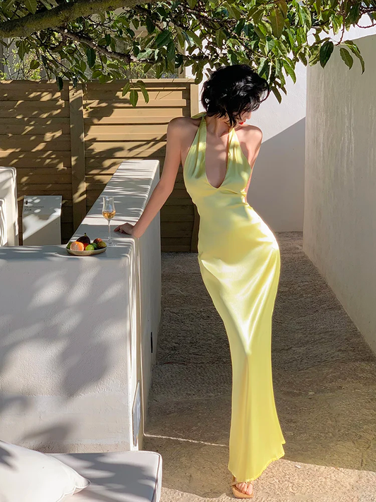 Yellow Mermaid Halter Satin Open Back Prom Dress Vacation Dress DP3863