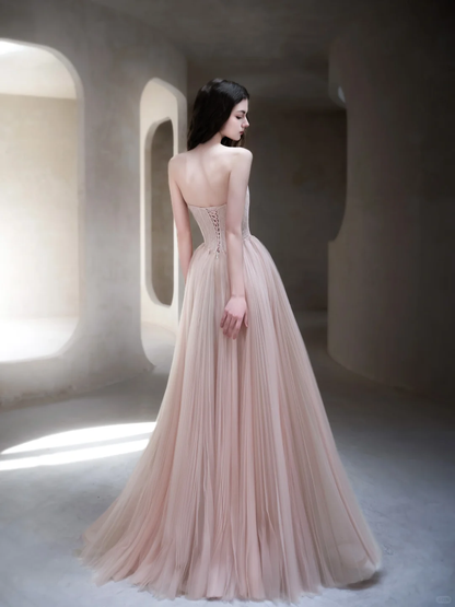 Light Pink A Line Strapless Beaded Tulle Long Date Dress Prom Dress Evening Dress DP3432