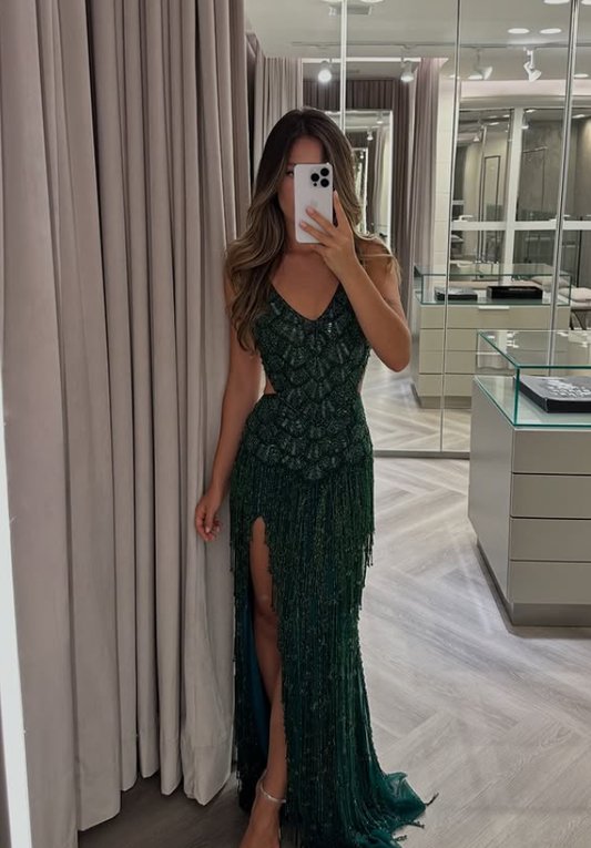 Emerald Sheath V Neck Exquisite Beaded Tulle Long Prom Dress Evening Dress DP6782