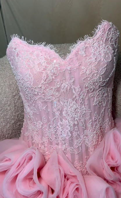 Princess Pink A Line Strapless Lace Tulle Short Prom Dress Homecoming Dress DP6209
