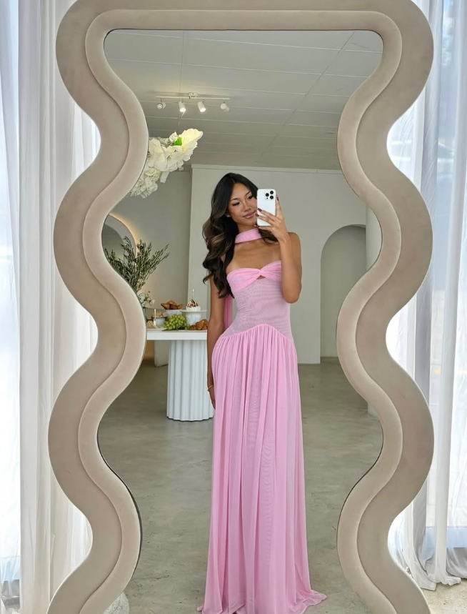 Romantic Pink A Line Sweetheart Neck Tulle Long Prom Dress Evening Dress DP7467