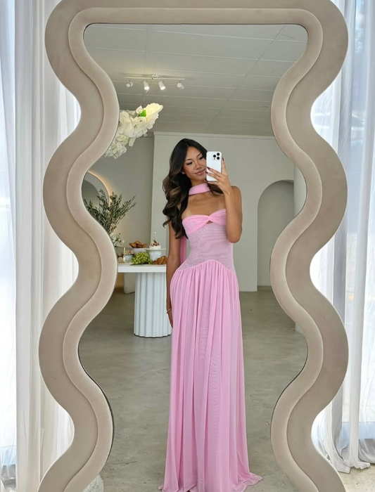 Romantic Pink A Line Sweetheart Neck Tulle Long Prom Dress Evening Dress DP7467