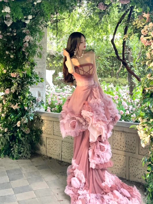Pink Exquisite Mermaid Strapless Layered Tulle Long Sweep Prom Dress Evening Dress DP3135