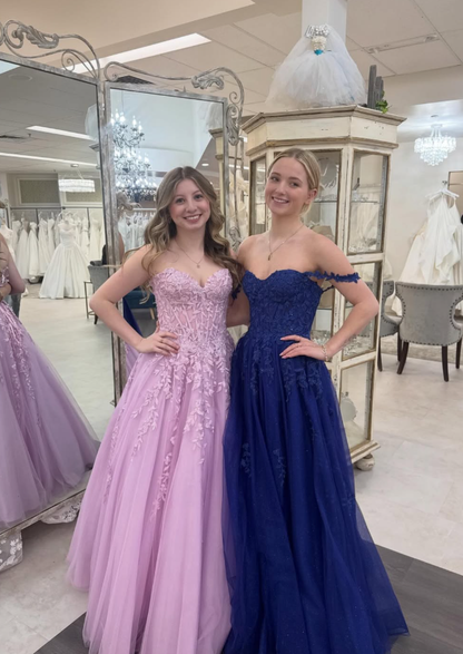 Navy Blue A Line Straps Appliques Tulle Long Prom Dress Evening Dress DP5945