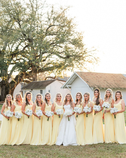 Stunning Yellow Bow A Line Straps Chiffon Long Bridesmaid Dress DP4977