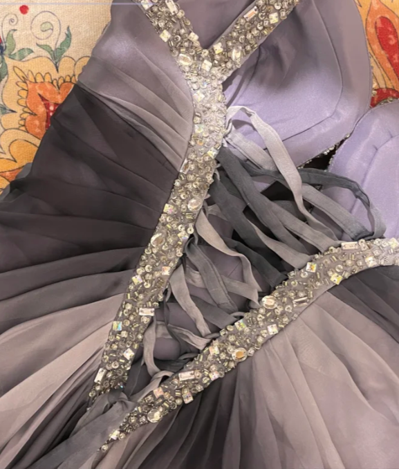 Unique Grey Ombre A Line Spaghetti Strap Beaded Chiffon Long Prom Dress Wedding Guest Dress DP4276