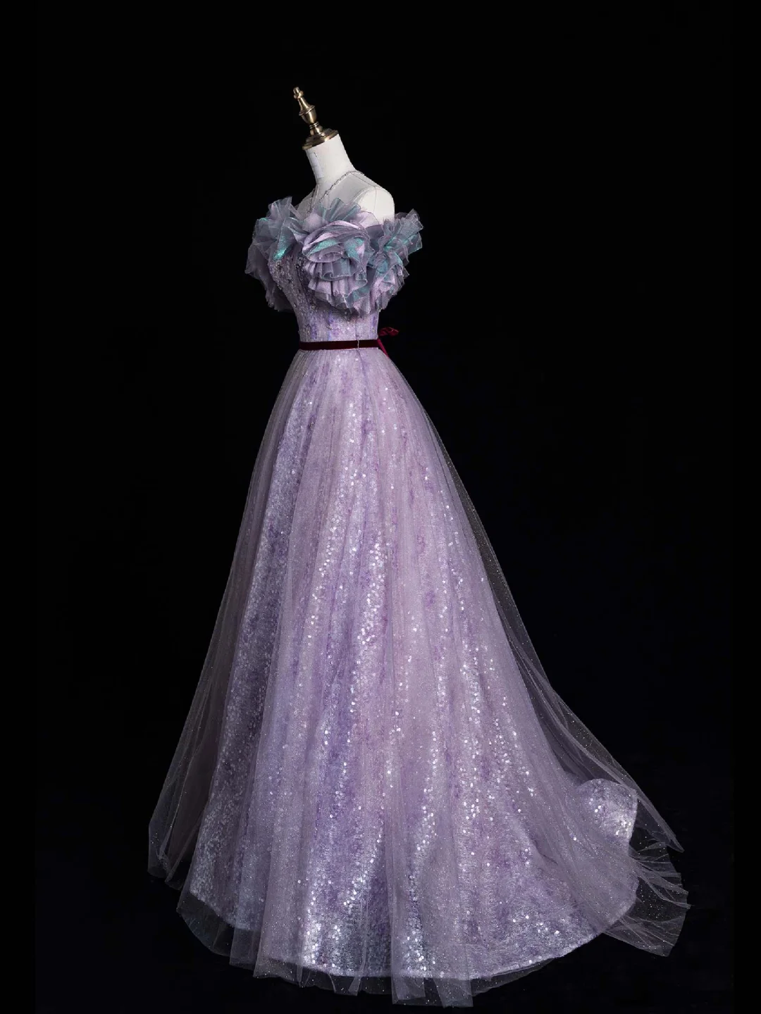 Stunning A Line Off the Shoulder Purple Sequin Tulle Party Dress Birthday Dresses DP2355