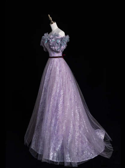 Stunning A Line Off the Shoulder Purple Sequin Tulle Party Dress Birthday Dresses DP2355
