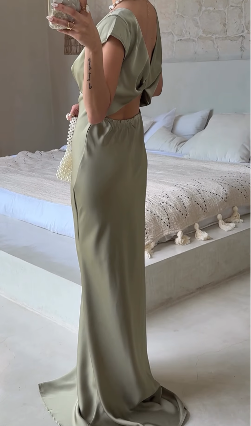 Elegant Sage Green Sheath V Neck Satin Long Prom Dress Party Dress DP4900