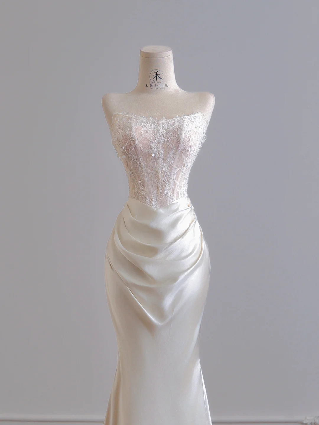 White Mermaid Strapless Lace Satin Long Prom Dresses Wedding Dresses DP4187