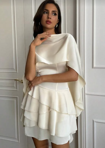 Light Champagne A Line Straps Layered Satin Short Homecoming Dress with Cape DP2875