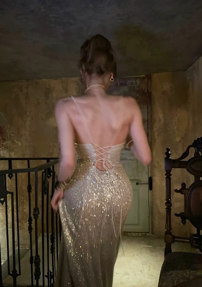 Shiny Champagne A Line Spaghetti Strap Sequin Prom Dress Evening Dress DP5424