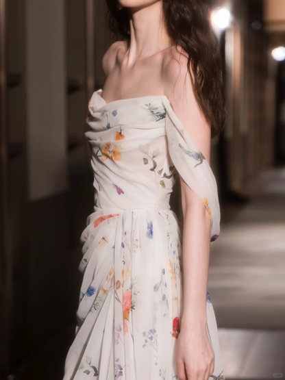 Gentle A Line Off the Shoulder Print Flower Chiffon Prom Dress Evening Dress DP2796
