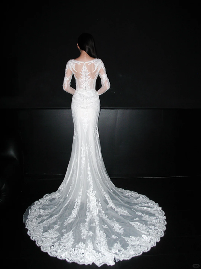 Elegant Mermaid Long Sleeve V Neck Lace Tulle Long Train Wedding Dress DP6366