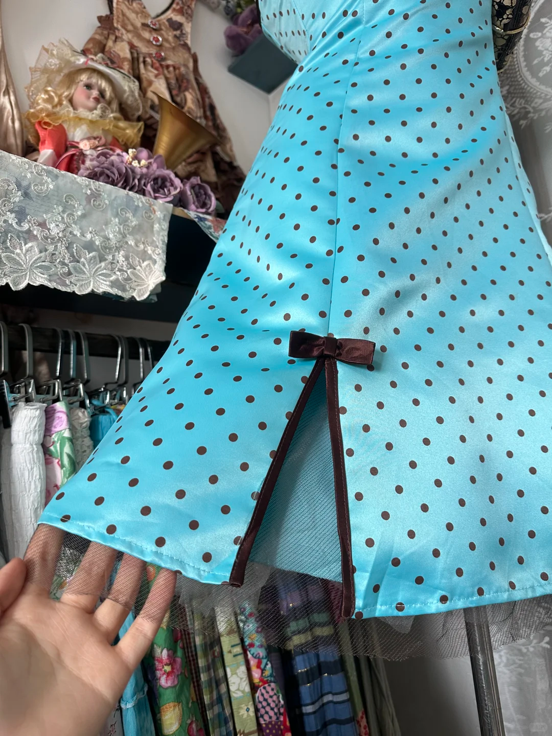 Cute Blue Vintage A Line Strapless Polka Dot Satin Short Homecoming Dress Outfits DP4996
