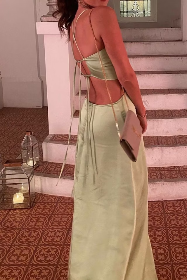 Sexy Green Mermaid V Neck Backless Satin Evening Dress Outfits with Slit DP1204