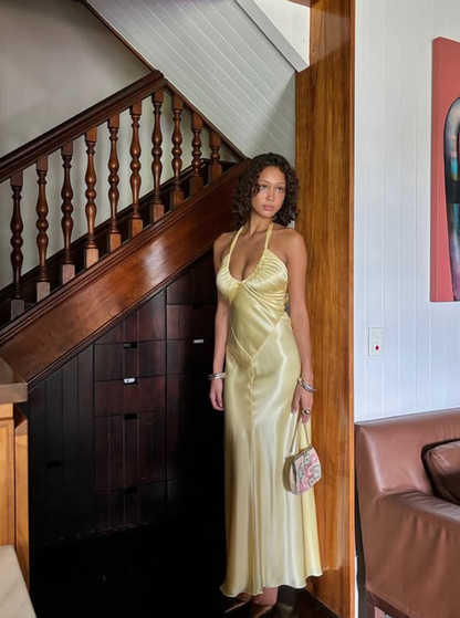 Sexy Yellow Sheath Strap Satin Open Back Prom Dress Evening Dress DP5503