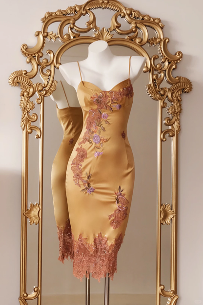 Vintage Sheath Spaghetti Strap Embroidery Satin Short Prom Dress Homecoming Dress DP5438