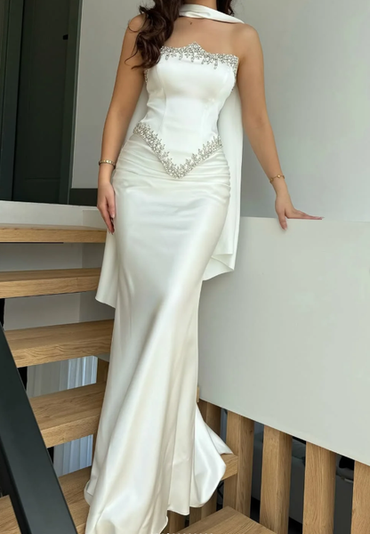 White Sheath Strapless Exquisite Beaded Satin Prom Dress Evening Dress DP5030