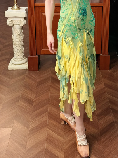 Vintage Summer Yellow- Green Ombre Beaded Ruffle Chiffon Prom Dress Evening Dress DP5414