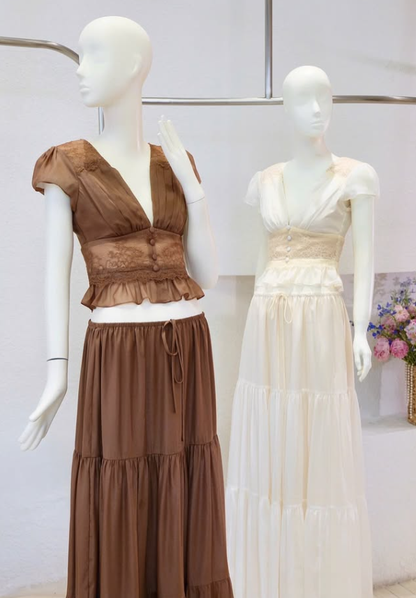 Brown Two Piece A Line V Neck Lace Satin Long Prom Dress Evening Dress DP7978