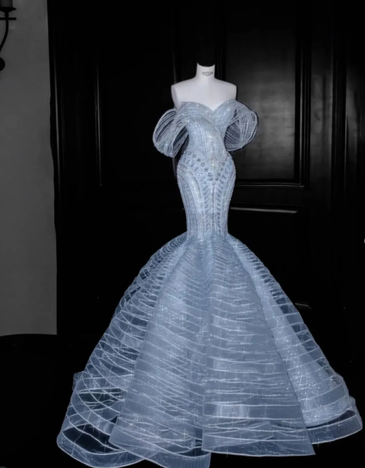 Baby Blue Beaded Dreamy Mermaid Off the Shoulder Tulle Prom Dress Evening Dress Date Dress DP3097