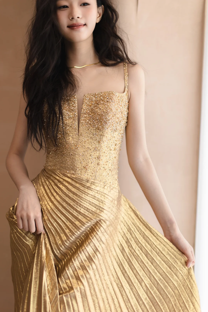 Golden A Line Spaghetti Strap Beaded Pleated Satin Long Prom Dress Formal Dress DP3331