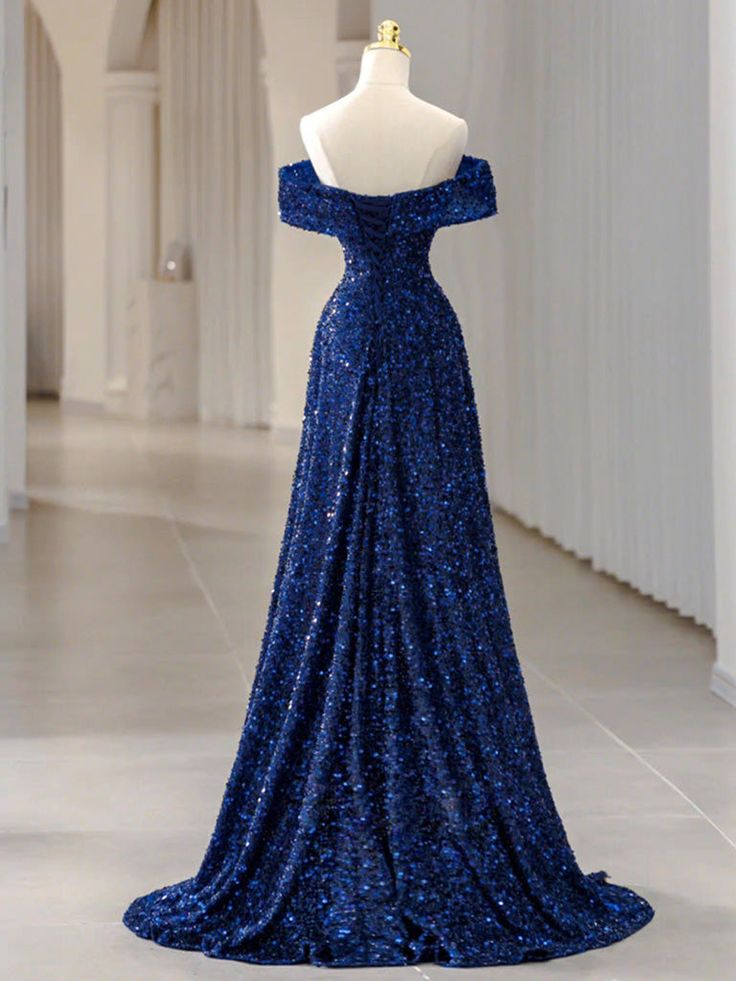 Off The Shoulder Blue Long A Line Sequins Prom Dress Evening Dress DP642