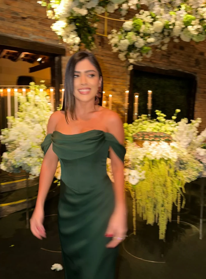 Emerald A Line Off the Shoulder Satin Long Prom Dress Evening Dress with Slit DP6929