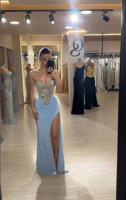 Shiny Sheath Sweetheart Neck Sequin Beaded Blue Satin Prom Dress DP4400