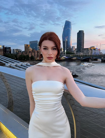 Simple Sheath Strapless White Satin Long Prom Dress Evening Dress DP4311